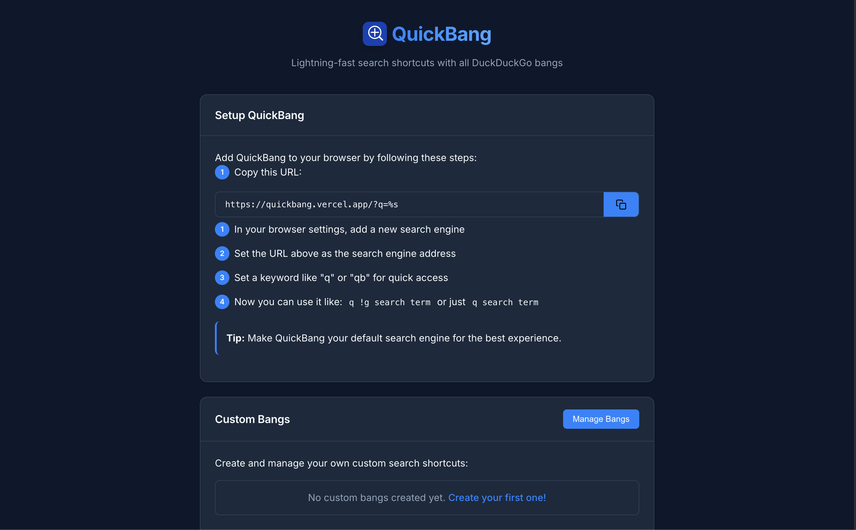 QuickBang - Browser search shortcut utility that brings bang-style redirects to any search bar.